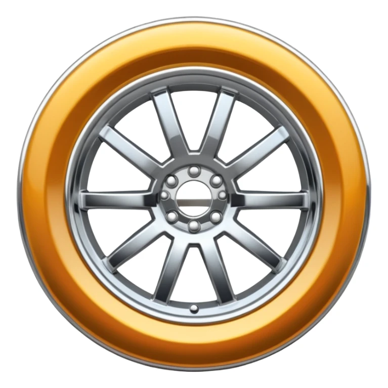 A chrome car wheel emoji, polished silver metal rim, smooth circular shape, minimal futuristic design, soft reflections, iOS emoji style, centered on white background, ultra clean look sticker