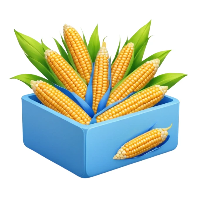 cornstarch box, yellow with blue, rounded edges, corn cob with green leaves, 'CORN STARCH' in red, smooth glossy, minimal, clean 3D, soft shadows, transparent background, emoji scale sticker