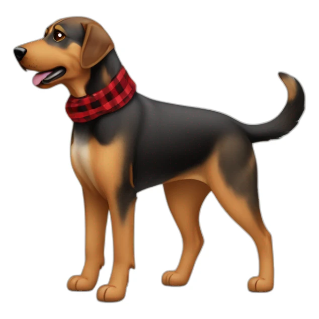 adult 75% Coonhound 25% German Shepherd mix dog with visible tail wearing small pointed red buffalo plaid bandana full body walking left quickly sticker