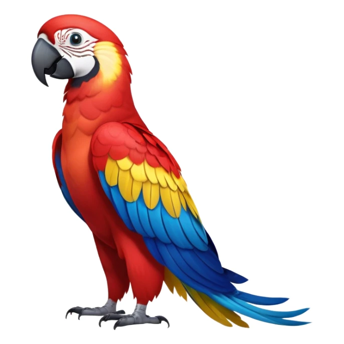 cinematic-macaw-realistic-full-body-standing-emoji,-vibrant-feathers-glowing-with-rich-reds,-blues,-and-yellows,-head-tilted-dramatically,-curved white-beak-gleaming,-piercing-dark-eyes-exuding-confidence,-simplified-yet-realistic-focused sticker