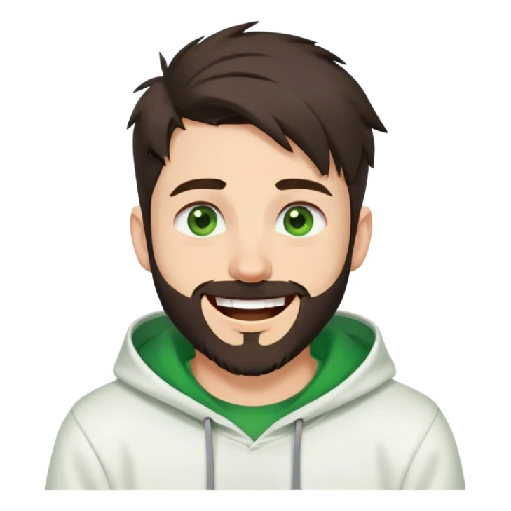 laughing guy with white hoodie, green t-shirt underneath, green eyes, dark brown undercut hairstyle and a short full beard sticker