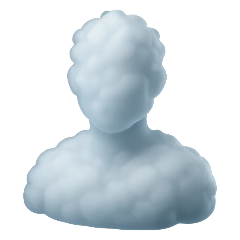 person made entirely of white fluffy clouds, shoulder up, front view, matte glass style sticker