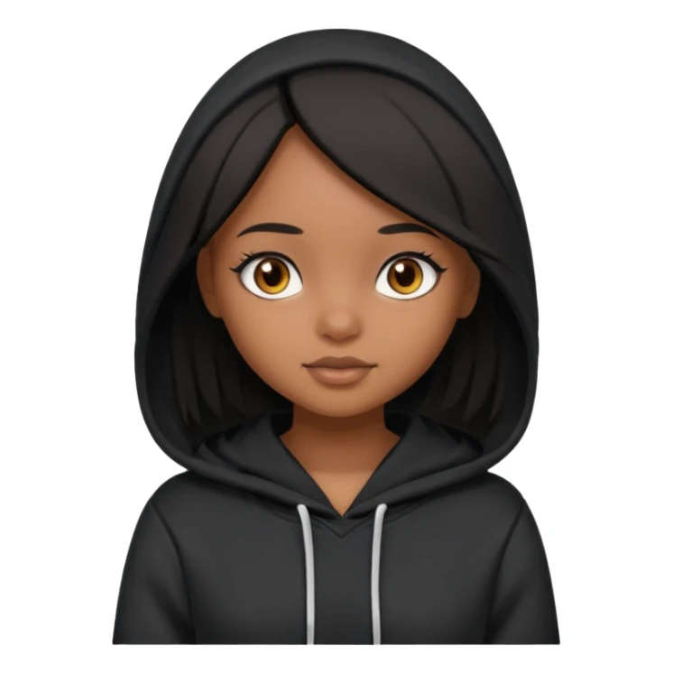  Brown skin girl , who has staight medium length black hair without bangs , brown eyes , and doll like makeup , in a black hoodie. sticker