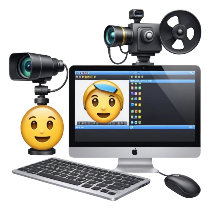 Create an emoji of video editing. Should feature a video editing timeline or interface on a computer screen, showing clips and a playhead. Include a video camera and editing tools. No smiley faces. Make the background transparent. sticker