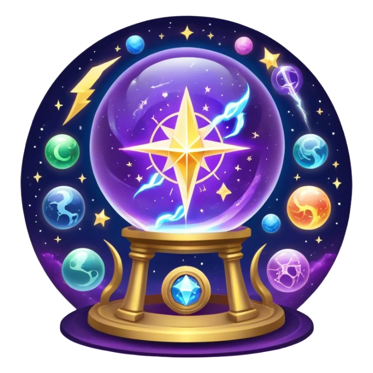 A mystical, glowing crystal ball with swirling sparkles and lightning bolts inside, with tarot cards spread out on the table around the ball, surrounded by zodiac signs and planets floating in space. Use bright purples, blues, and golds to create a magical, mysterious vibe. transparent background.  sticker