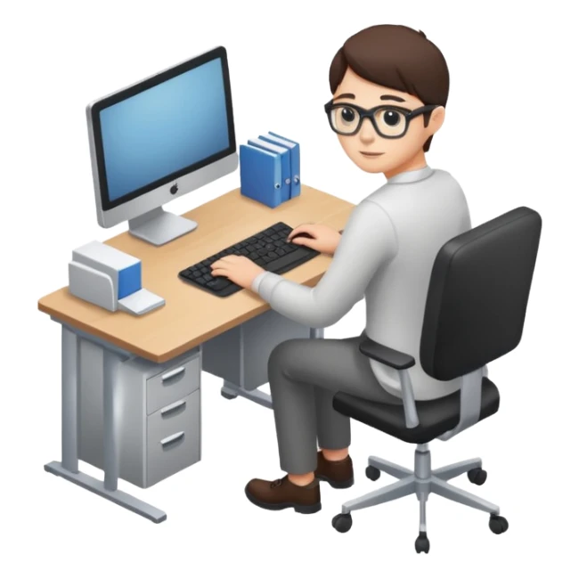 isometric, image of someone sitting at a computer desk sticker