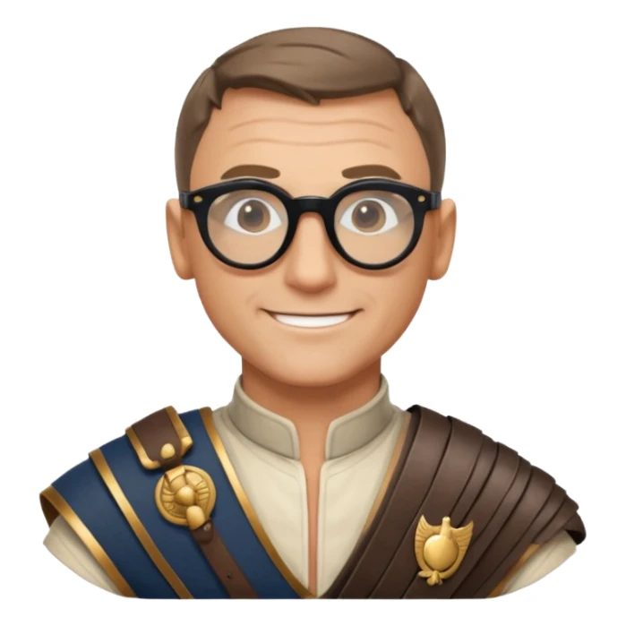 James Bond, wearing gladiator cloth, big round glassed sticker