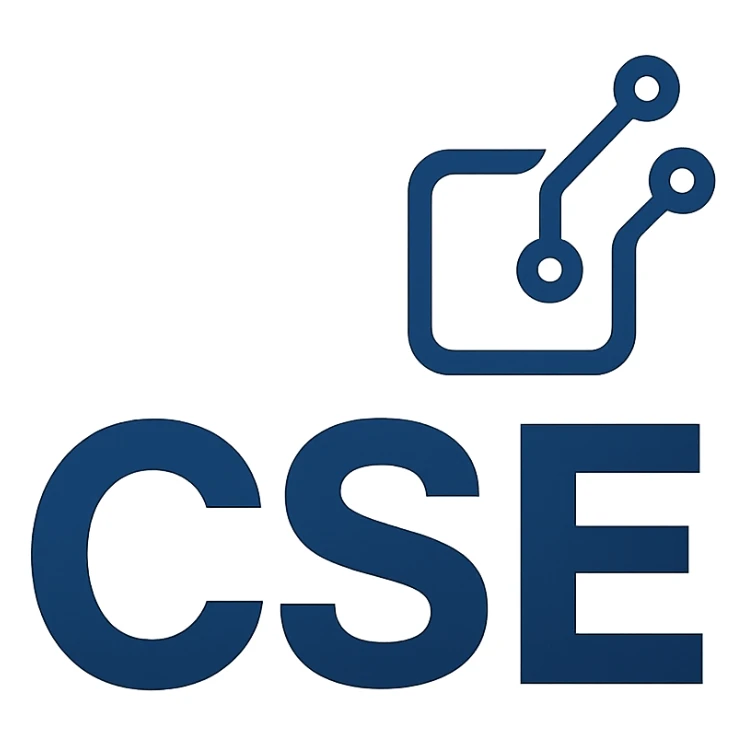 modern CSE logo, bold sans-serif letters, simple tech icon, blue and white sticker