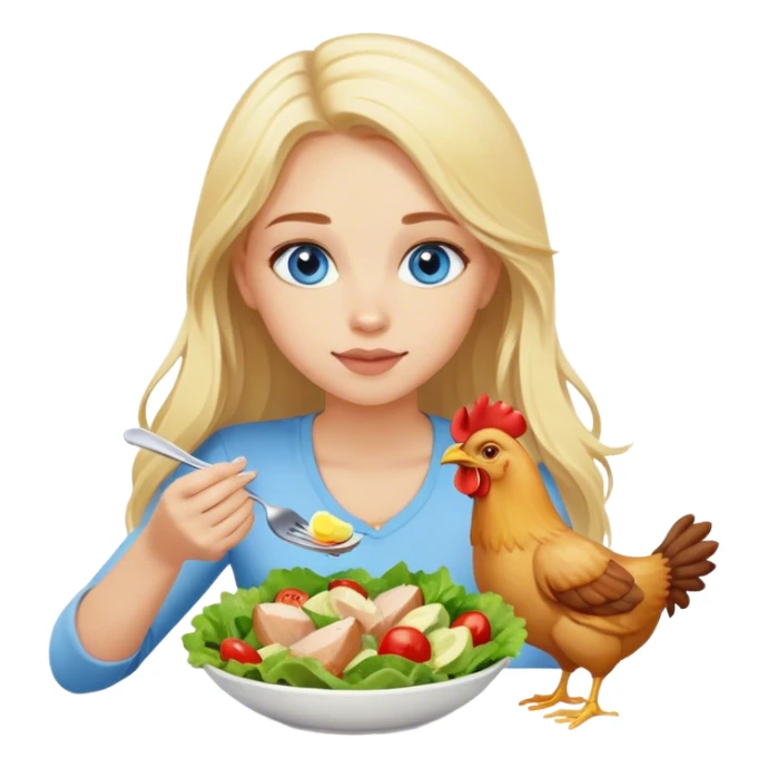 blonde girl with long hair and blue eyes eats salad and eats chicken sticker