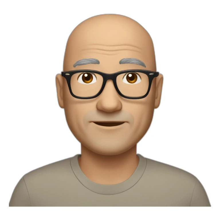 A fifty-year-old European man with a slight Asian appearance, a bald head, Ray-Ban glasses, and brown eyes with a friendly gaze. sticker