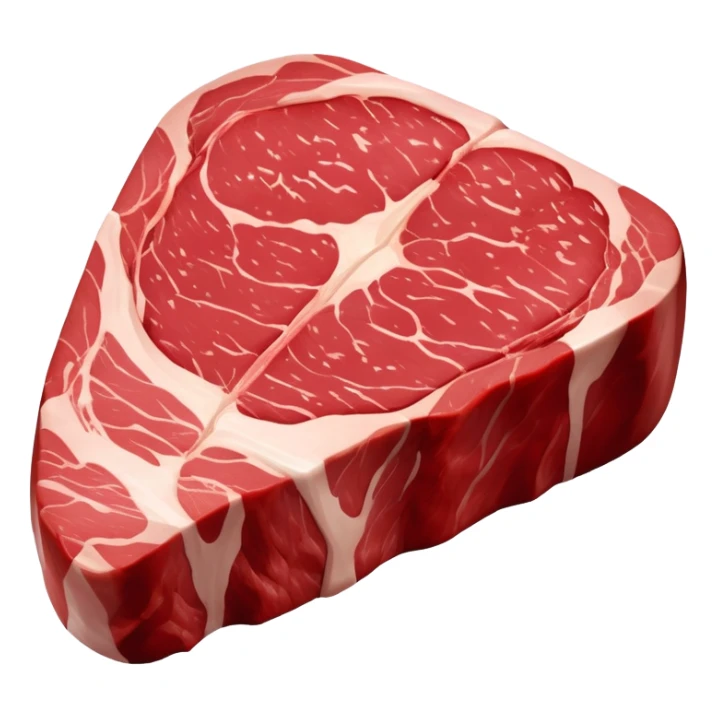 A raw steak with a deep red, fresh color and visible marbling of white fat. The surface is moist and smooth, slightly glossy, with natural muscle texture. The shape is thick and rounded, resembling a fresh cut of beef ready to be cooked sticker