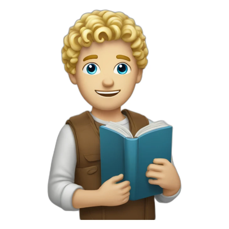 a half curly blond blue eyes man holding a book sticker