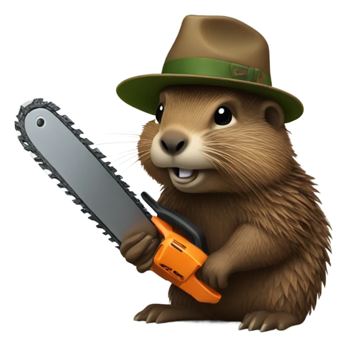 Woodchuck with dreadlocks and a hat holding a chain saw sticker