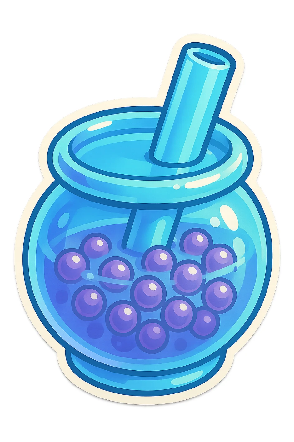 cute rounded pastel blue bubble tea cup with straw, very round and soft, lots of semi-transparent tapioca pearls with expressive shadows and highlights, playful dimensional charming retro sticker style sticker