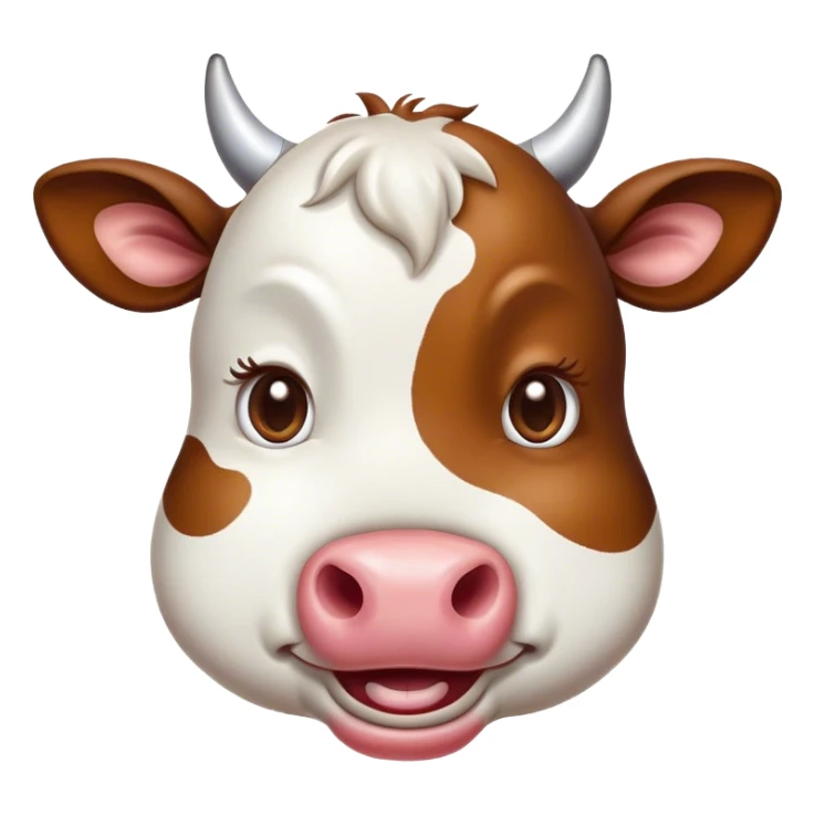Cinematic Comical Brown and White Cow Portrait Emoji, Head tilted dramatically with an exaggeratedly amused expression, featuring a striking, glossy hide with a dynamic mix of brown and white, wide, expressive brown eyes filled with playful disbelief, Simplified yet hilariously expressive features, highly detailed, glowing with a slightly sassy glow, high shine, dramatic yet playful, stylized with an air of cheeky mischief, bright and endearing, soft glowing outline, capturing the essence of a spirited and over-the-top cow, so meme-worthy it feels like it could moo its way into internet fame instantly! sticker