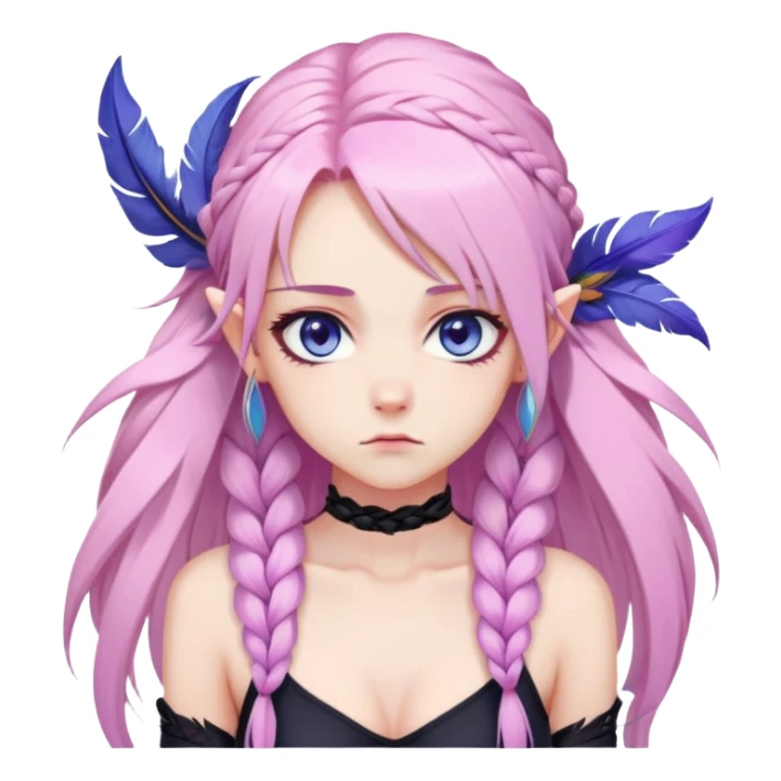 Gorgeous anime lady long-pale-pastel-pink-hair with one braid on each side, grumpy expression, purple-pink feather-ear-cuffs in hair, black bodysuit, blue eyes, pink iris, ethereal, fashion aesthetic  sticker