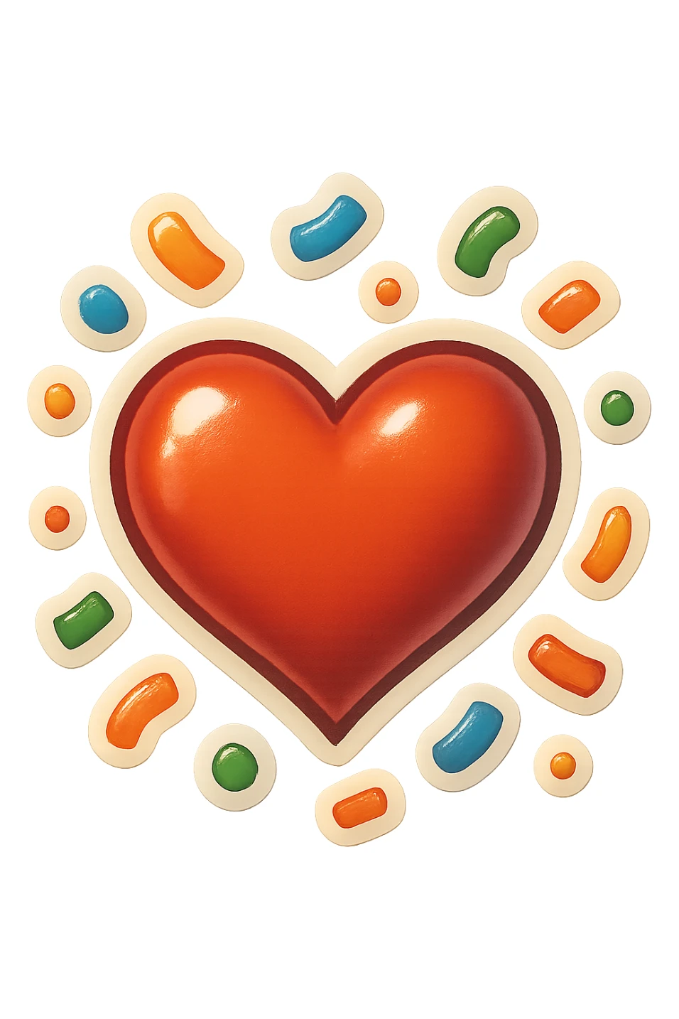 retro sticker style heart with confetti around it, bold and playful sticker