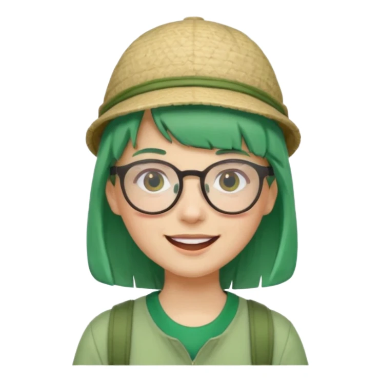 bangs, cute tourist hat, green hair very happy and glassess sticker