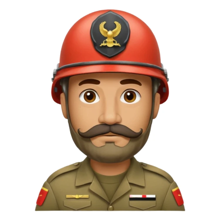 tired Iraqi military, in a helmet, with a moustache and beard sticker