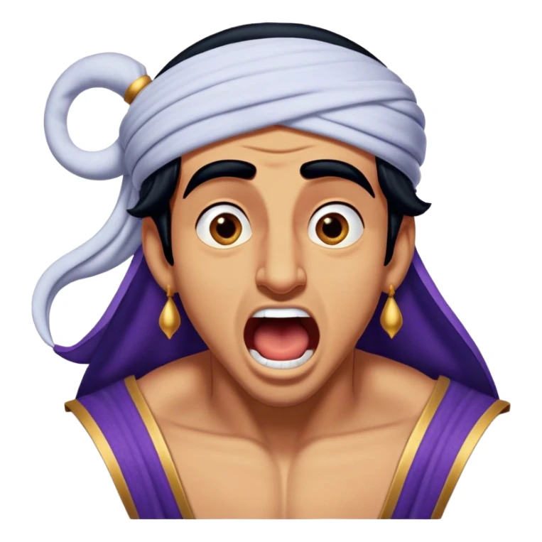 Cinematic Realistic Aladdin Portrait, head tilted slightly with a dramatic, wide-open yawn, revealing a relaxed, yet still vigilant expression. The lifelike textures of his skin and carefully rendered fabric of his attire combine with warm, ambient lighting to capture a moment of endearing, laid-back heroism. sticker