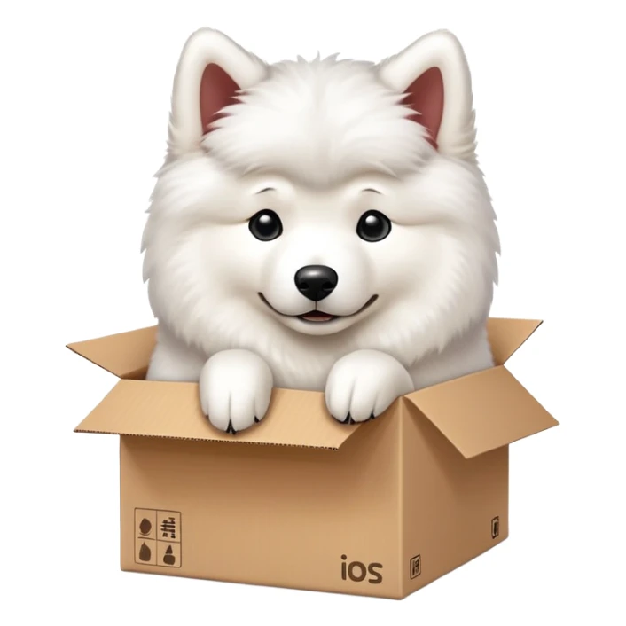  A very cute young Samoye  with one's head tilted to one side poked its paws out of the cardboard big box and placed them on top of it sticker