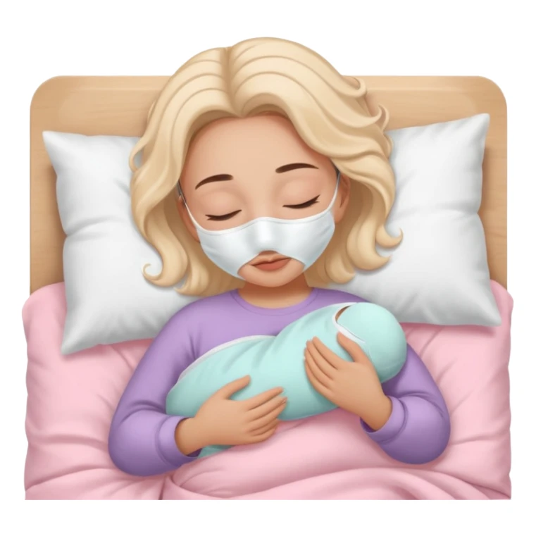 Girl sleeping peacefully with a white beauty face mask on, self care routine. baby pink bedding  sticker