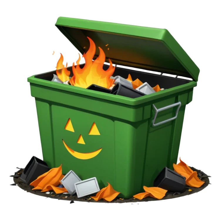 Green dumpster with a black partially open lid. surrounded by pieces of trash on the ground arount it. orange flames are buring lare an bright inside the dumpster. dumpster is smiling sticker