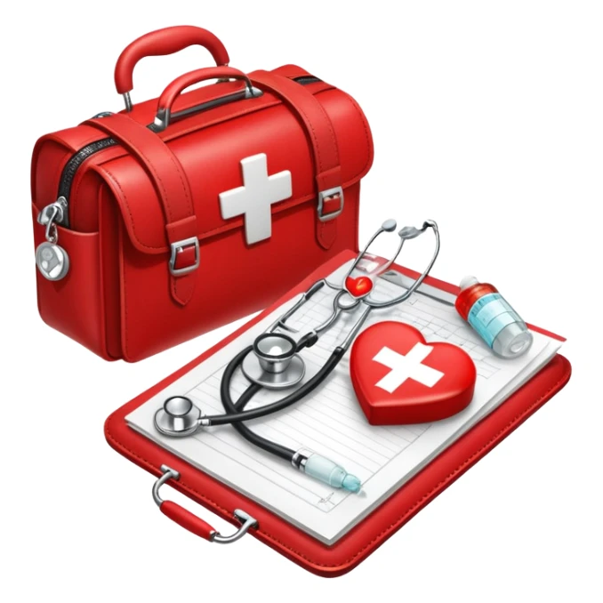 An icon featuring a medical bag with a red cross, a stethoscope, and a syringe, symbolizing medicine. The design includes pills, a heart monitor, and a clipboard with patient notes, representing healthcare, diagnostics, and treatment. Transparent background highlights the science of medicine. sticker