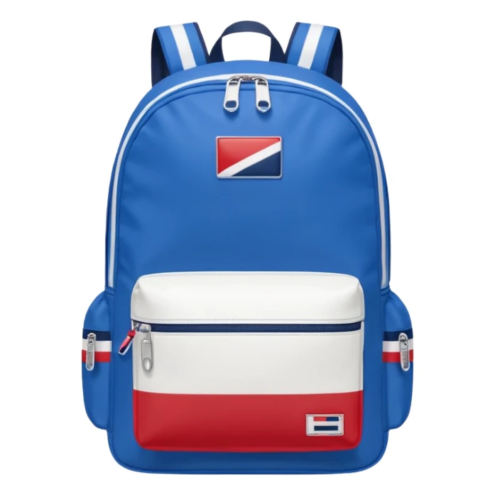 simple blue backpack, at the bottom pocket there is a  logo featuring a Tommy Jeans-inspired logo. The logo looks like a vertically one red, one white. The flag stripes are vertical, not horizontal. Flat

 sticker