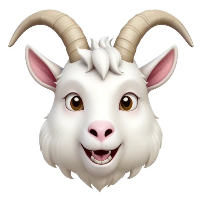Cinematic Comical White Goat Portrait Emoji, Head tilted dramatically with an exaggeratedly amused expression, featuring a sleek white fur with a prominently quirky set of curved horns, wide, expressive eyes filled with playful disbelief, Simplified yet hilariously expressive features, highly detailed, glowing with a slightly sassy glow, high shine, dramatic yet playful, stylized with an air of cheeky mischief, bright and endearing, soft glowing outline, capturing the essence of a spirited and over-the-top goat, so meme-worthy it feels like it could side-eye its way into internet fame instantly! sticker