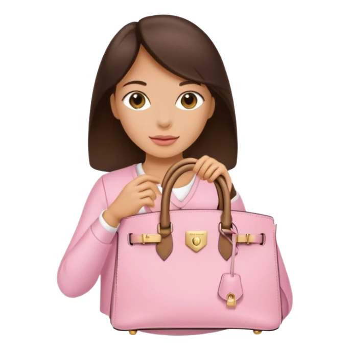 A brunette tan women holding a baby pink Birkin bag with gold hardware sticker