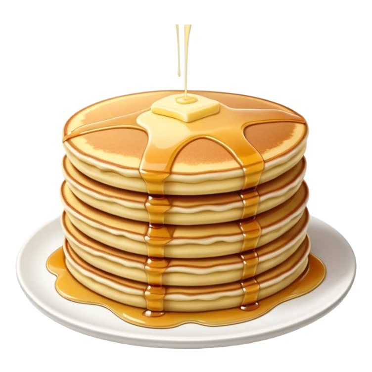 Cinematic fluffy golden pancakes, stacked high, drizzled with maple syrup, topped with fresh butter melting on top, light dusting of powdered sugar, warm and inviting, soft glow and mouthwatering. sticker