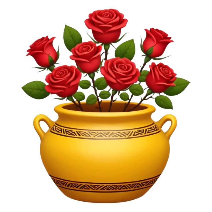 Yellow ceramic pot with red roses; the pot is decorated in an ethnic style. sticker