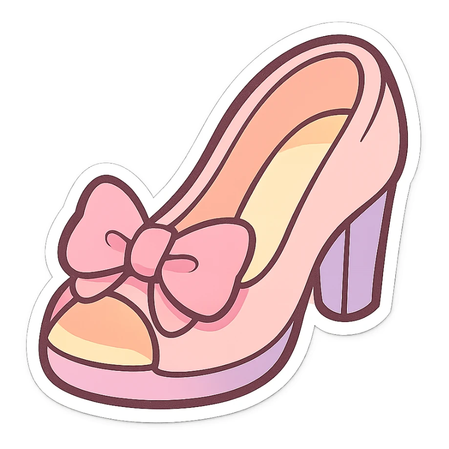 chibi sticker-style high heel shoe with a girly vibe, pastel colors, bow accent, cute and exaggerated sticker
