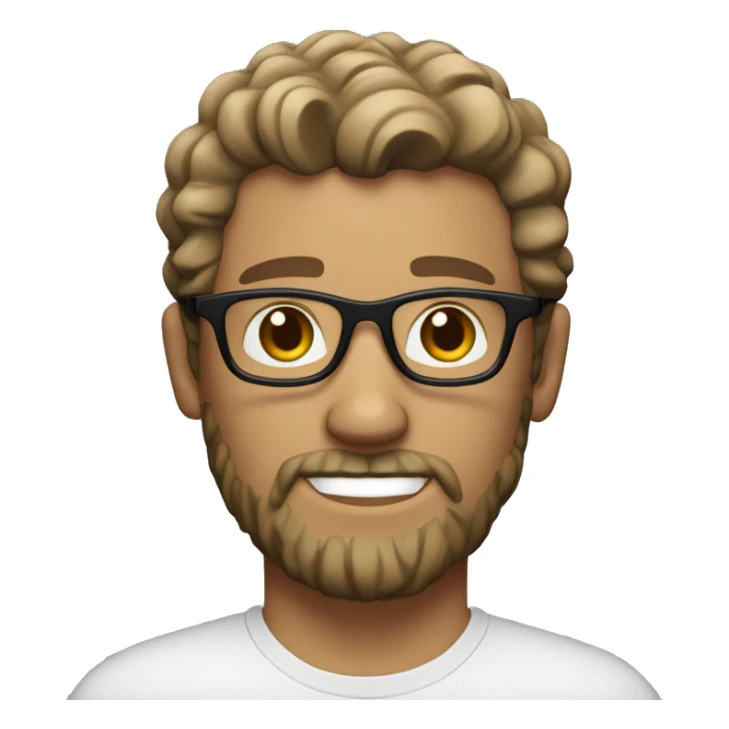 White male with a salt-and-pepper beard and short, curly light brown hair. He wears clear, round plastic glasses sticker