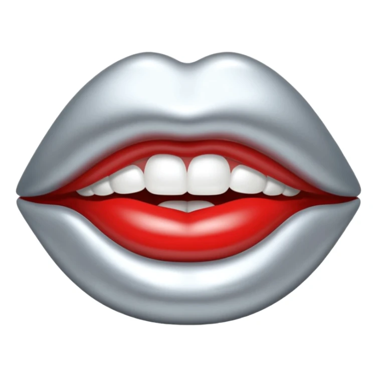 Chrome silver lips emoji, glossy metallic texture, iOS emoji style, smooth reflections, bold but minimal design, centered, silver mouth. all silver sticker