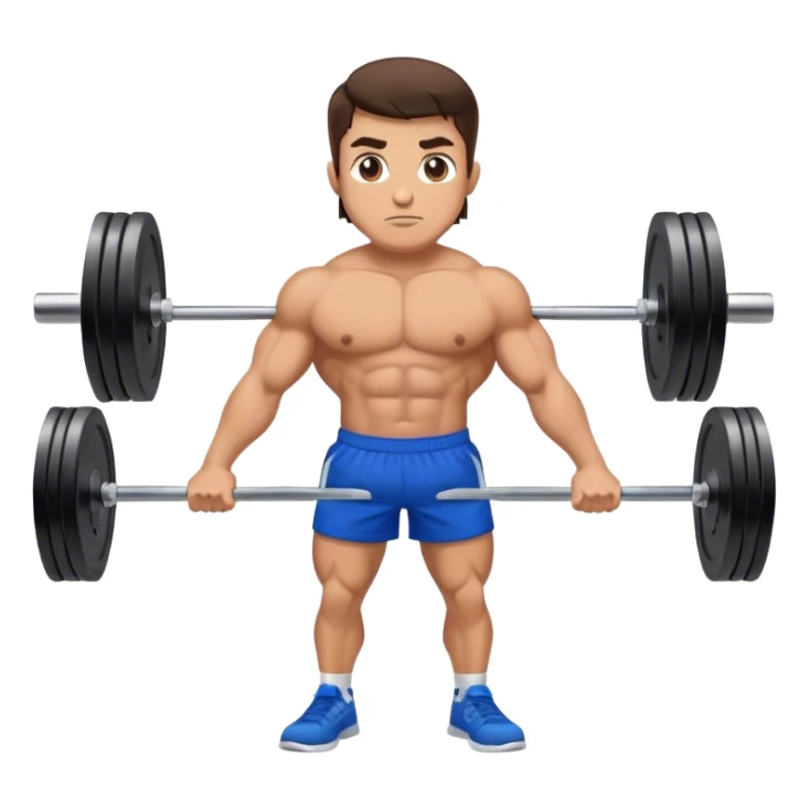 brunette buff man with blue shorts barbell-shrugs sticker