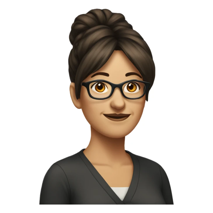 brunette woman middle aged with dark trimmed glasses, bangs and a bun  sticker