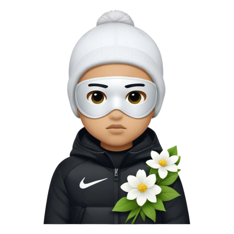 Light skin little boy with a Nike ski mask and wearing a black jacket with white flowers on it sticker