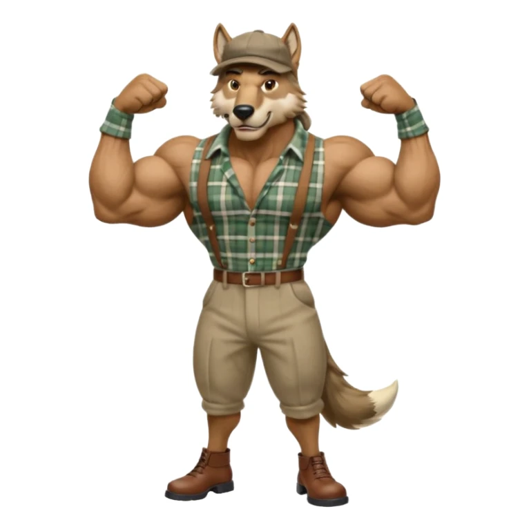 extremely super-duper hyper muscular wolf furry extremely exaggerated muscles with chiseled face, horse-length bullneck and an elongated snout, wearing a plaid dress shirt halfway buttoned, khaki dress slacks and very large newsboy cap on his head while flexing his bicep muscles sticker