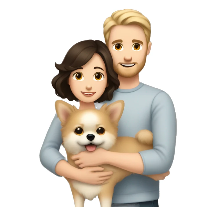 Young white man with short dark hair with a small beard hugging his white wife with dark brown hair and both of them hugging a beige and white Pomeranian  sticker