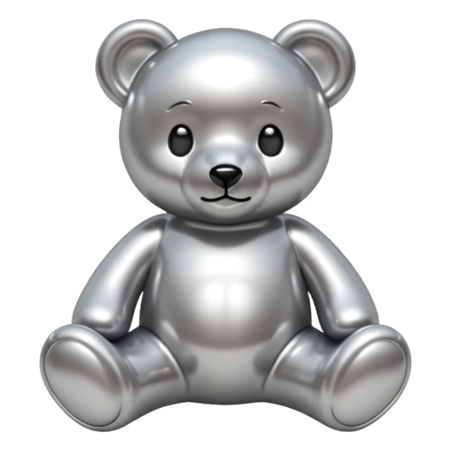 A cute teddy bear emoji made of liquid silver chrome, smooth rounded body, glossy metallic surface, soft reflections, friendly proportions, iOS emoji style, centered, clean white background sticker
