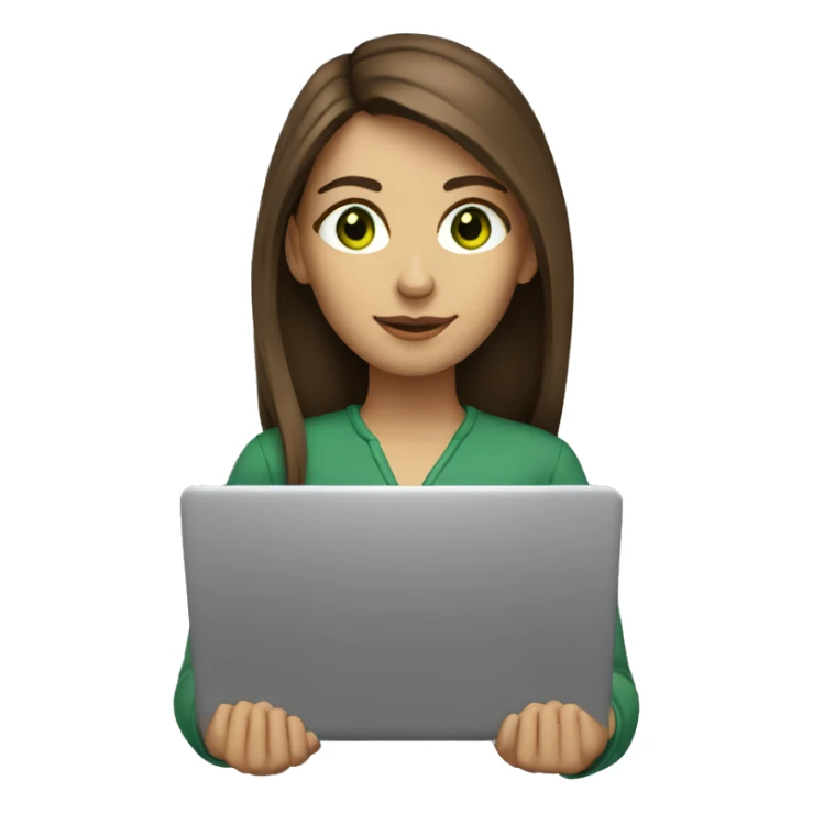 Female coder featuring a laptop. She has long brunette hair, green eyes, white skin. sticker