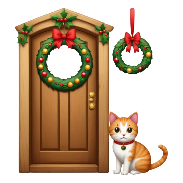 A door with a cat in front of it with h christmas elements on the door sticker