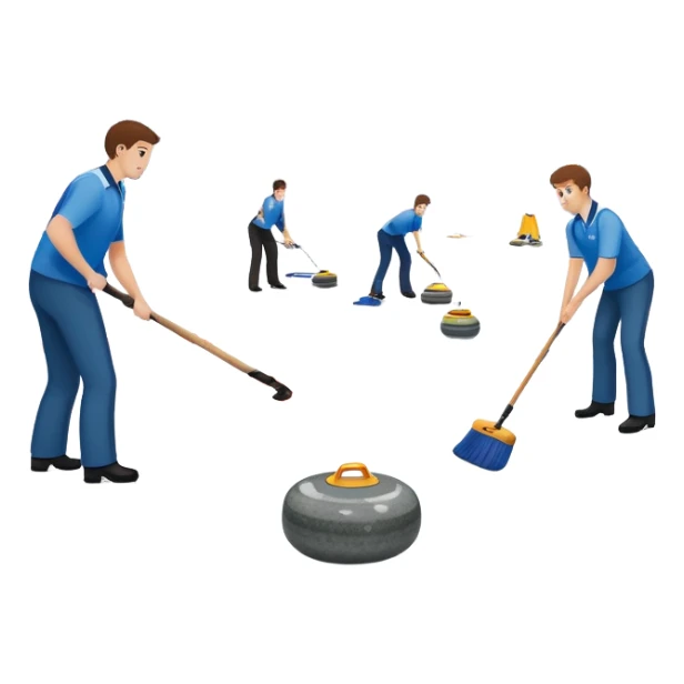 An icon showing a curling match on an indoor ice stadium, with a polished curling stone gliding toward the target and players sweeping. Spectators watch from stands, and flags hang above the rink. Transparent background highlights strategy and focus in the sport of curling. sticker