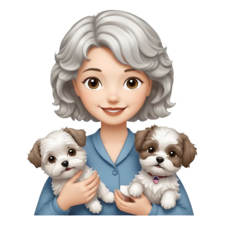 silver, short, wavy-haired with loose curls, smiling pretty lady holding a westie terrier dog and a shih tzu dog sticker