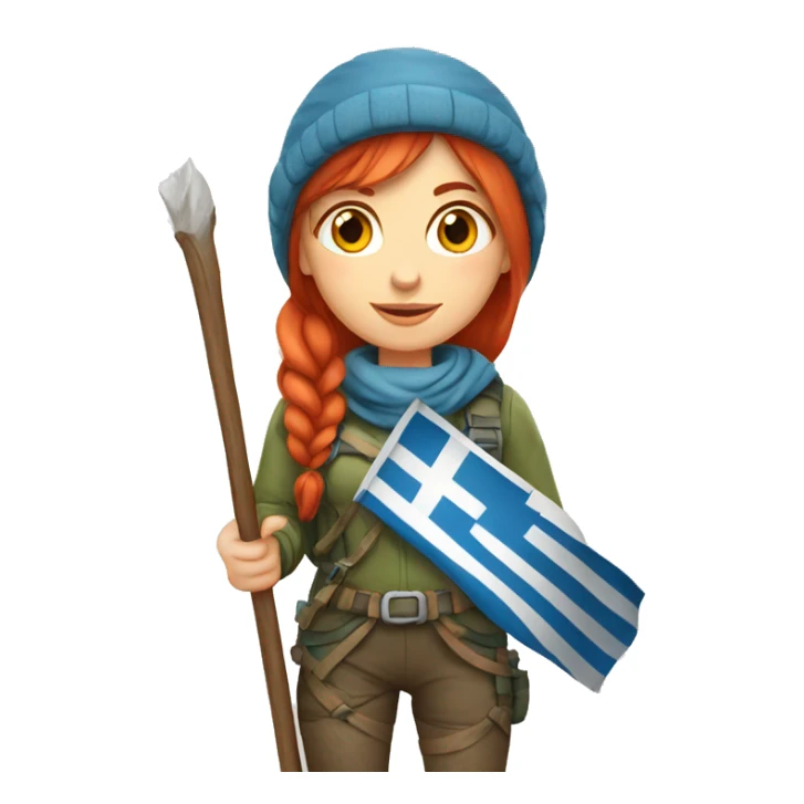female winter mountaineer red hair holding greek flag and easter egg sticker