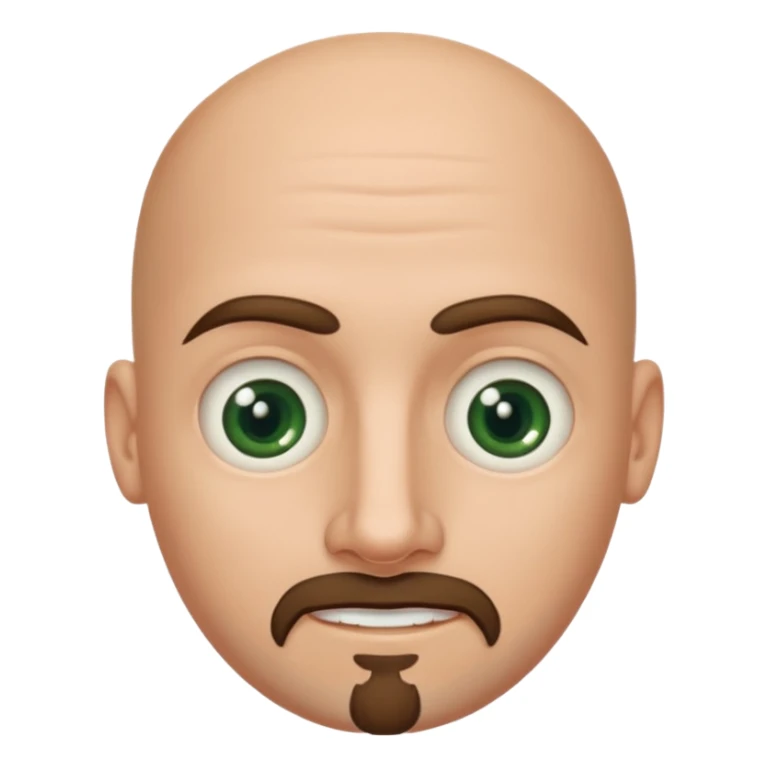 white caucasian bald man's face, with brown goatee and dark green eyes, oval face, rounded, big, little eyes a small smile sticker