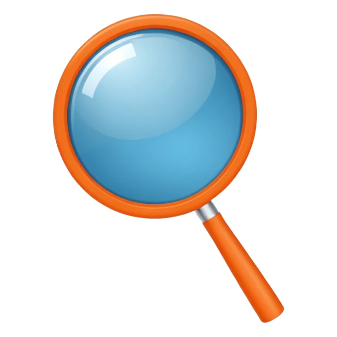A stylized blue magnifying glass tilted right, flat design, minimalist, vibrant orange handle, white circular background, high resolution, 2048x2048 pixels, vector art, clean lines sticker