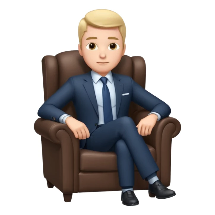 businessman sitting in an armchair, confident relaxed pose, formal suit and tie, professional corporate vibe, 3D cartoon style, mobile game icon style, clean background, no text, no watermark
 sticker